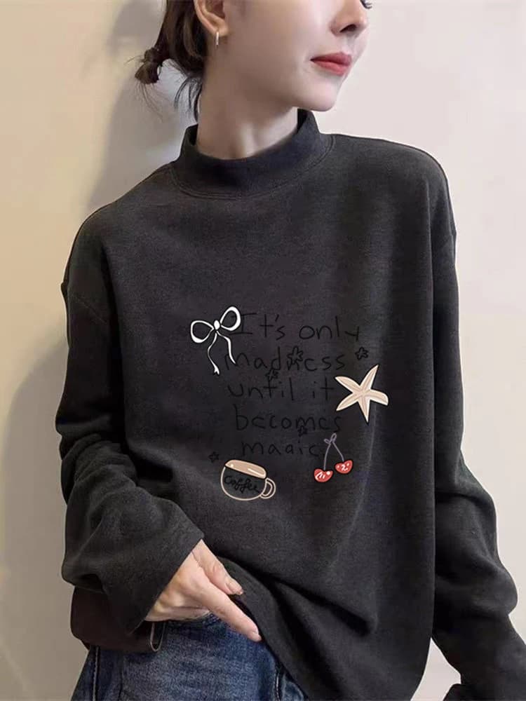 Maglietta a maniche lunghe da donna, alla moda, versatile, grigio scuro, calda, da indossare sotto, con collo a mezza altezza, di tendenza