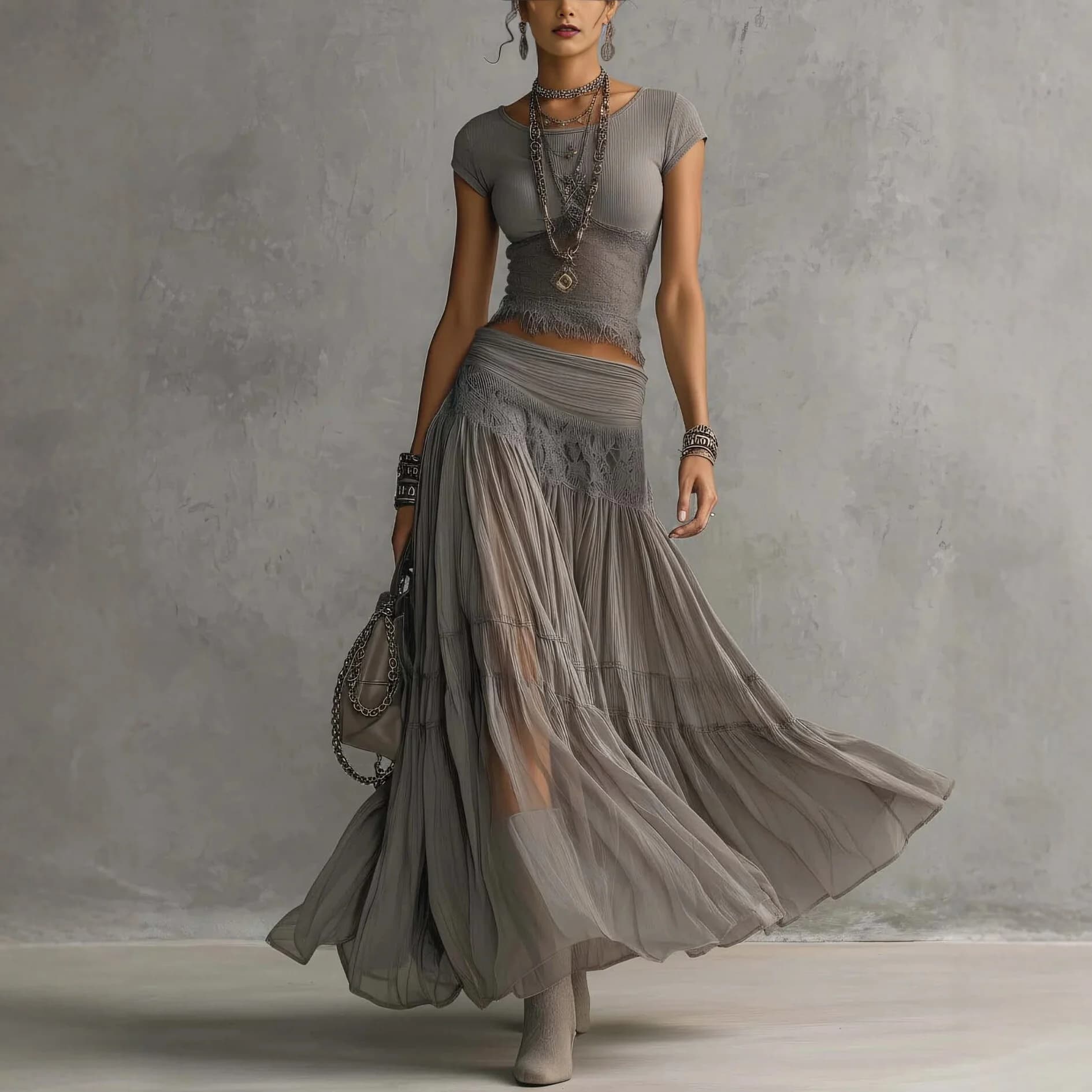 Grey Knitted Top And Chiffon Long Skirt Set Women's Fashionable Drifting Two-Piece Suit Casual Sportswear Ensemble for Ladies