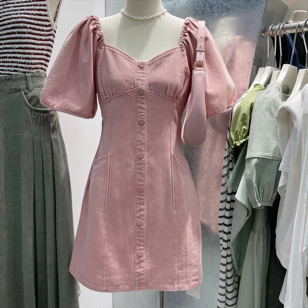 Abito da donna in stile coreano dolce rosa in Denim solido con scollo a v manica a sbuffo Mini abito da donna in jeans Fashion Lady Summer Streetwear