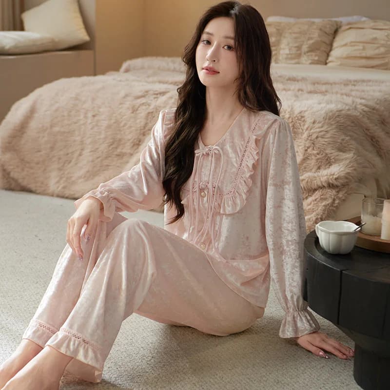Chinese Style Velvet Pullover Pants Pajamas Autumn Winter Female 2PCS Sleepwear Pijamas Suit Sexy Nightwear Casual Homewear