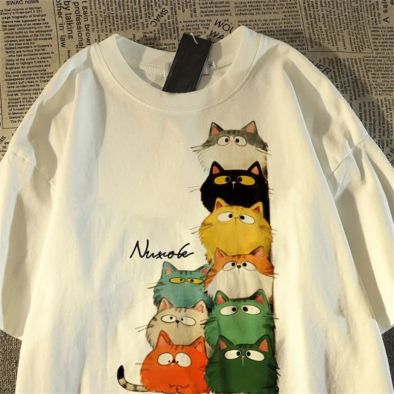 Anime Harajuku Fioritura Gatto Stampa Cotone Donna T-shirt Estate Oversize Manica corta Y2k Morbido Casual Donna Uomo T-shirt Top Tee