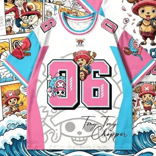 Nuova Maglietta One Piece Tony Tony Chopper 06 da Uomo, Manica Corta, Collo a V, Rosa e Blu, Grafica Anime, Casual Streetwear