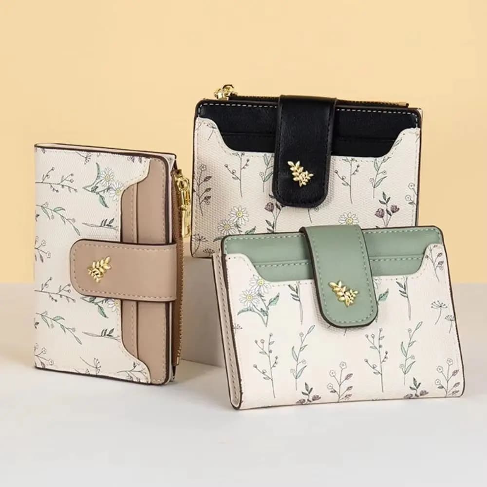 Fashion PU Leather Women Short Wallet Zipper Hasp Multi-Cards Slim Small Wallet Small Flowers Coin Purse Girl