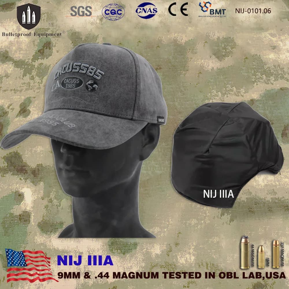 Berretto da baseball antiproiettile reale -NIJ IIIA 3A Morbido UHMWPE 9MM.44mag Cappello antiproiettile Sicurezza ad alte prestazioni Nascosto Scuola all'aperto