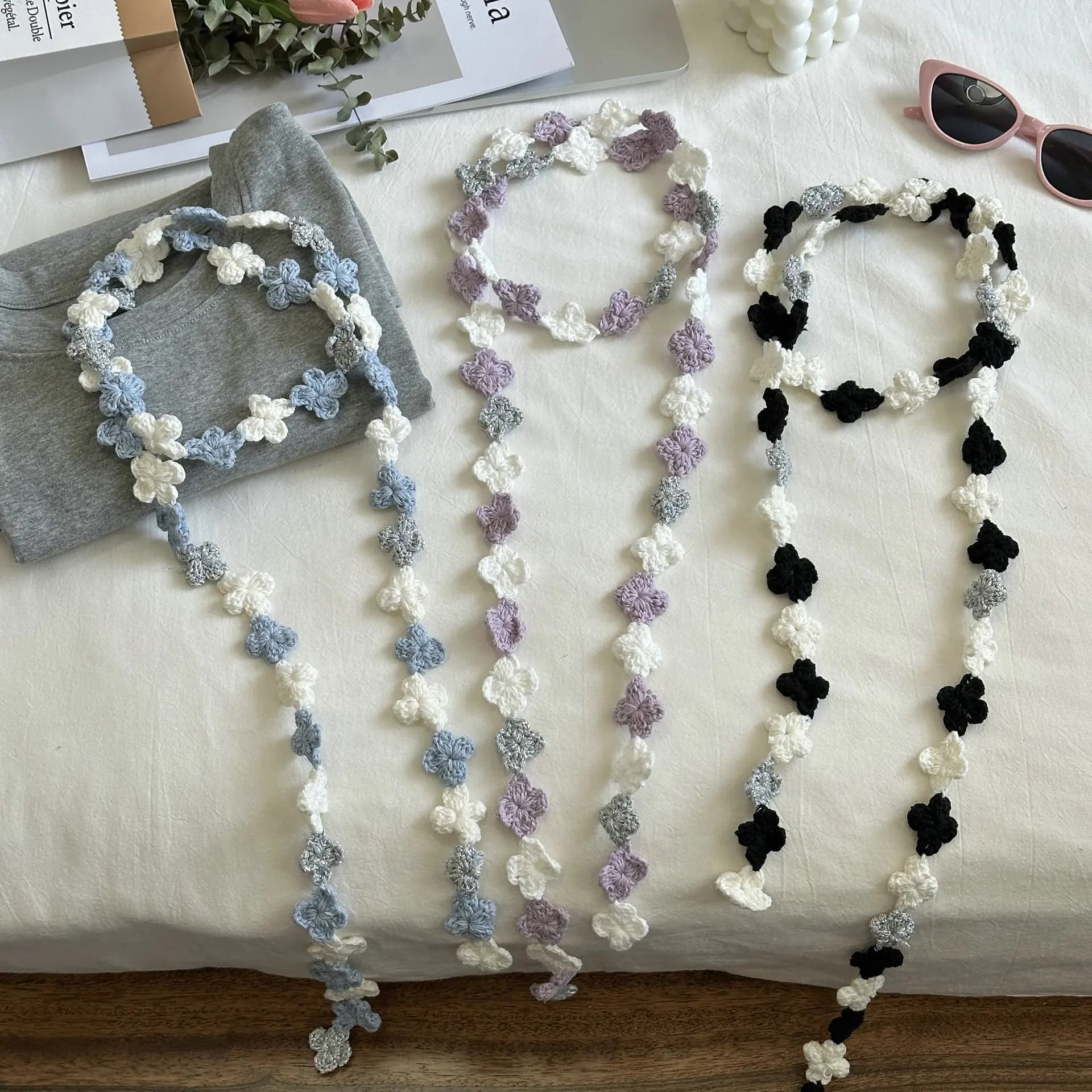 Spring New Fashion Dopamine Hair Band Knitted Crochet Handmade Floret Scarf Decorative Neck Protector Harajuku Style Scarf