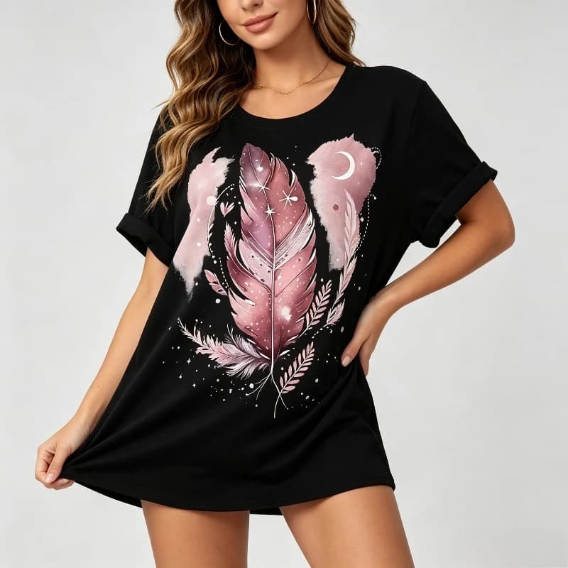 Pure Cotton Casual Boho Feather Moon Print Top Women Dream Catcher Style Pattern Short Sleeve T-Shirt Fashion Tee