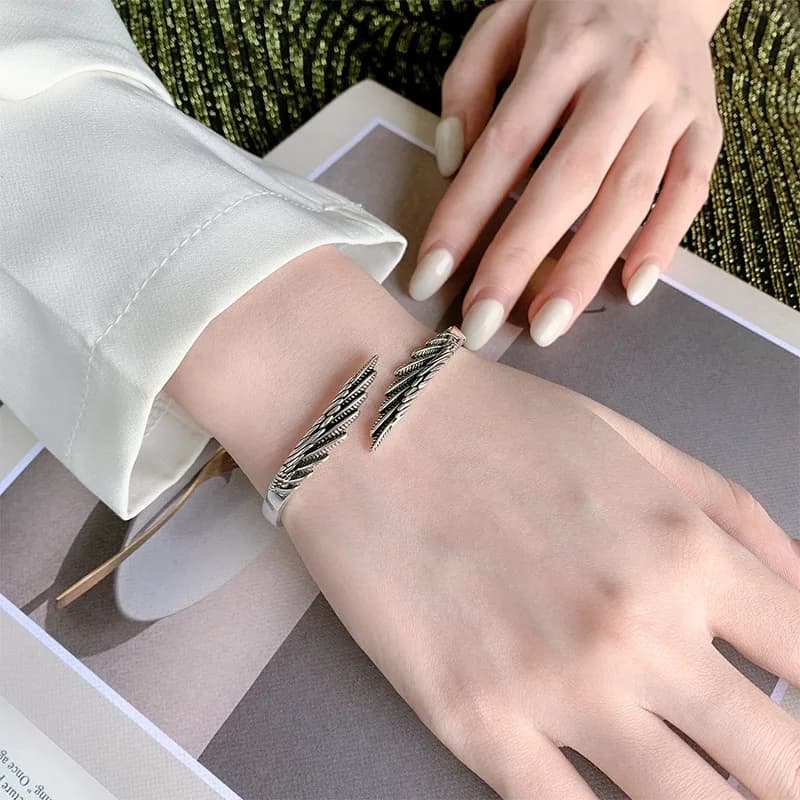 Retro Thai Silver Feather Simple Fashionable 925 Sterling Silver Personalized Design Wings Ins Trendy Opening Bracelets SL102