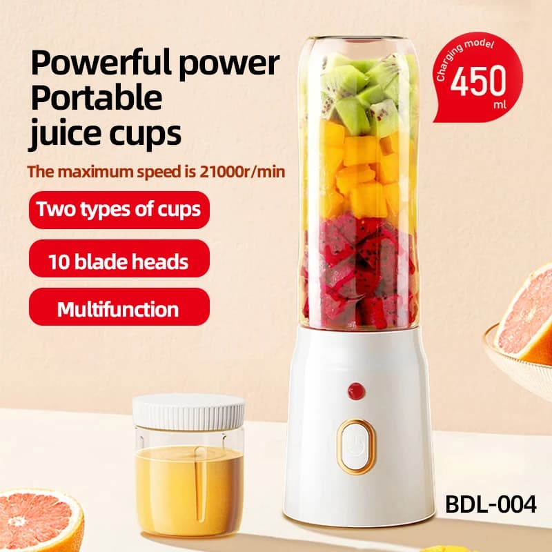 Spremiagrumi wireless portatile a doppia tazza da 450 ml, frullatore, 10 lame in acciaio inossidabile, ricaricabile tramite USB, adatto per casa, viaggi, palestra