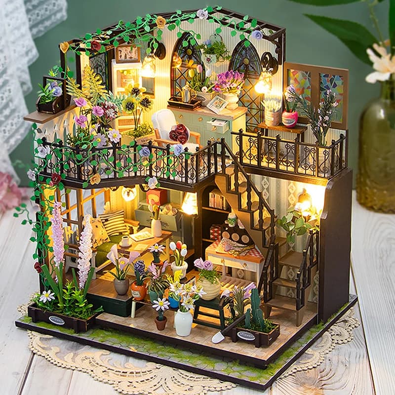 Fai da te in legno casa delle bambole modello da giardino puzzle 3D assemblare kit di costruzione giocattoli decorazione della camera da letto di casa con luci a LED regalo casa delle bambole