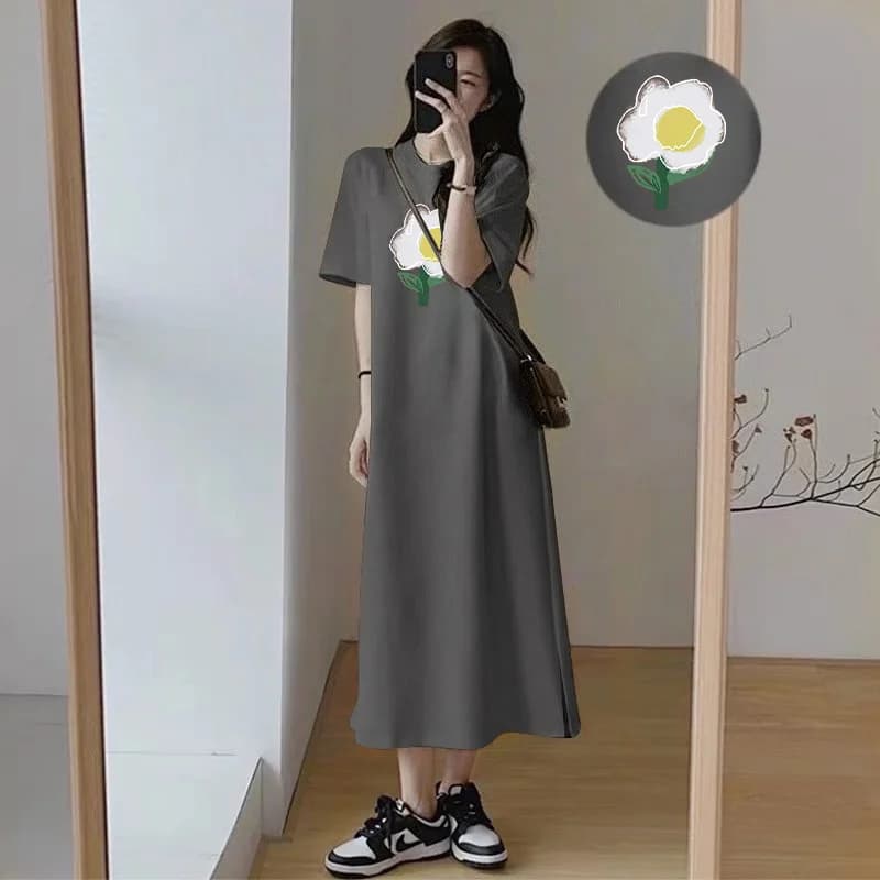 Korean Style Women Long T-Shirt Dress White Daisy Flower Print Short Sleeve Round Neck Loose Gray Maxi Dress Casual Daily Outfit