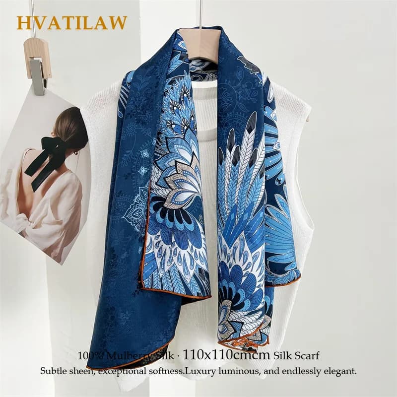 110cm Large Square Real Silk Scarf 100% Mulberry Silk Hand Rolled Edge Luxury Floral Print Shawl Bandana Foulard Bufandas Stoles