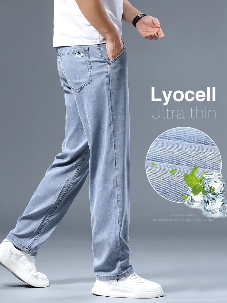 Jeans da uomo ultrasottili estivi Lyocell pantaloni in Denim blu chiaro larghi e traspiranti morbidi pantaloni Casual in seta di ghiaccio da lavoro