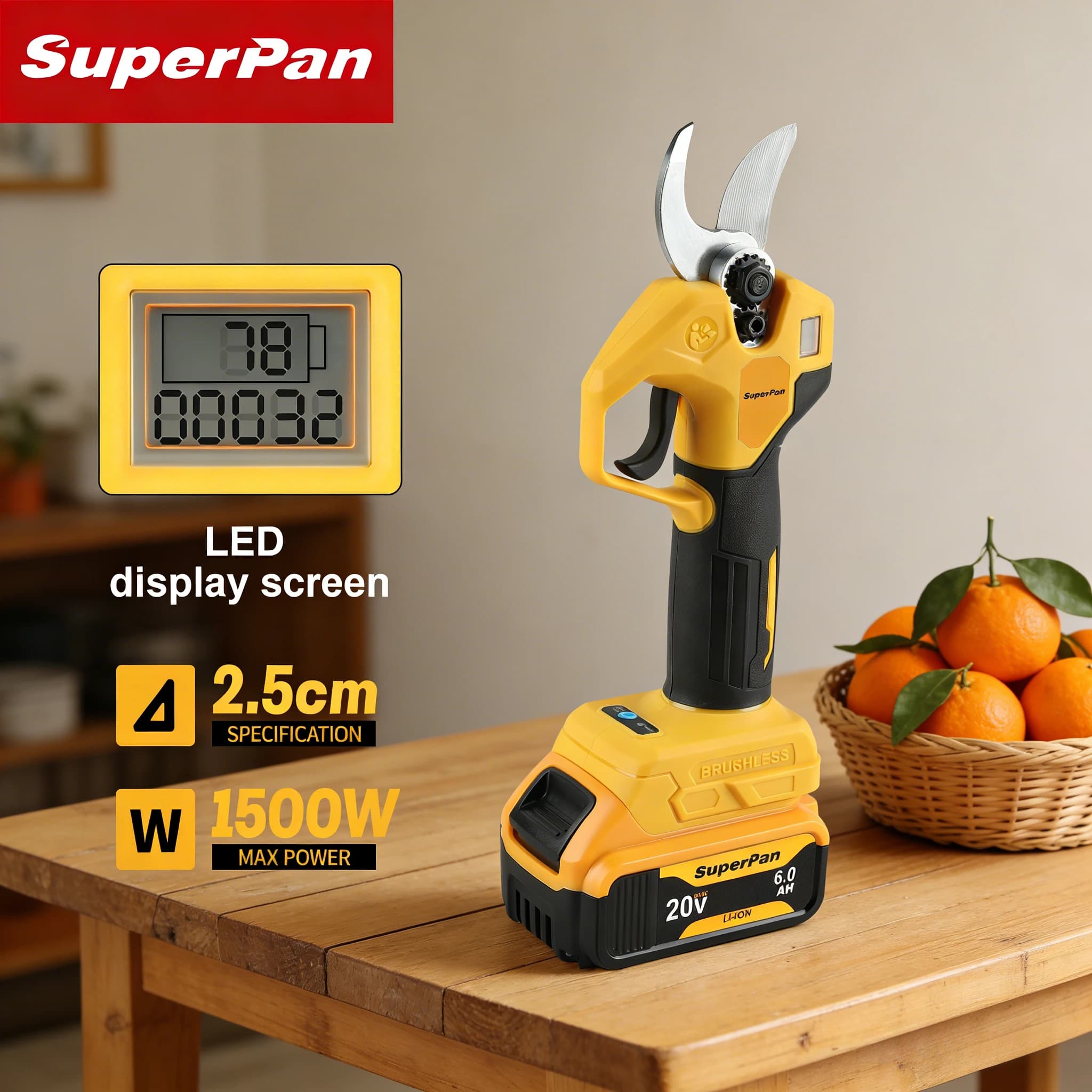 SuperPan battery pruning scissors, gardening tools with blade for pruning branches and caring for fruit trees, compatible with Dewalt 20V battery.