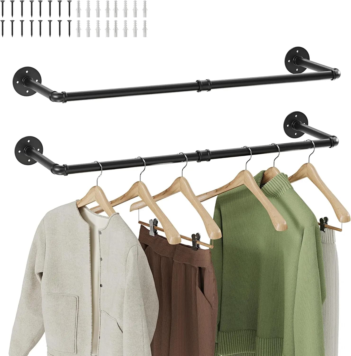 Wall Hanger 2 Pieces, Industrial Style in Tube, Black 36 Inches, For Bedroom, Wardrobe