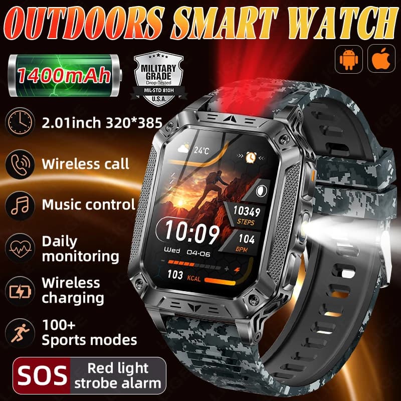 2026 NEW Smart Watch Outdoor Sports Sleep Track 1400mAh Battery Wireless Call Waterproof Flashlight for Android IOS Smartwatch