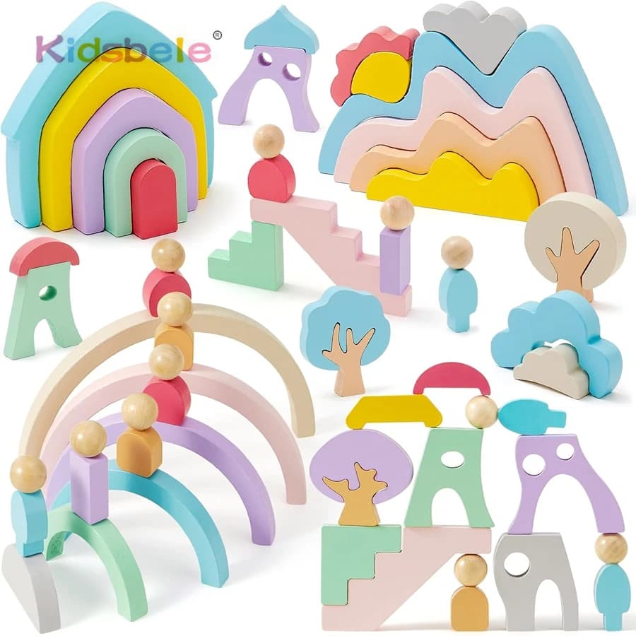 Blocco da costruzione in legno Montessori fai-da-te per bambini con arcobaleno/piccole persone/albero/casa/montagna Gioco di equilibrio giocattolo sensoriale cognitivo a colori