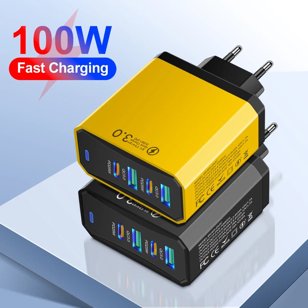 Totale 100 W 4 in 1 4 USB 2 Tipo C Caricatore da muro veloce a ricarica rapida per iPhone Samsung Xiaomi Huawei Oppo Adattatore per telefono cellulare