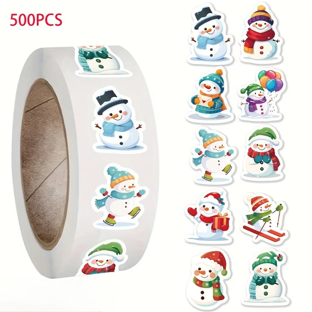 500pcs Snowman Cartoon Sticker Roll - Waterproof, Matte Finish for DIY Phone Cases & Notebooks,Irregular Shape, Planner Stickers