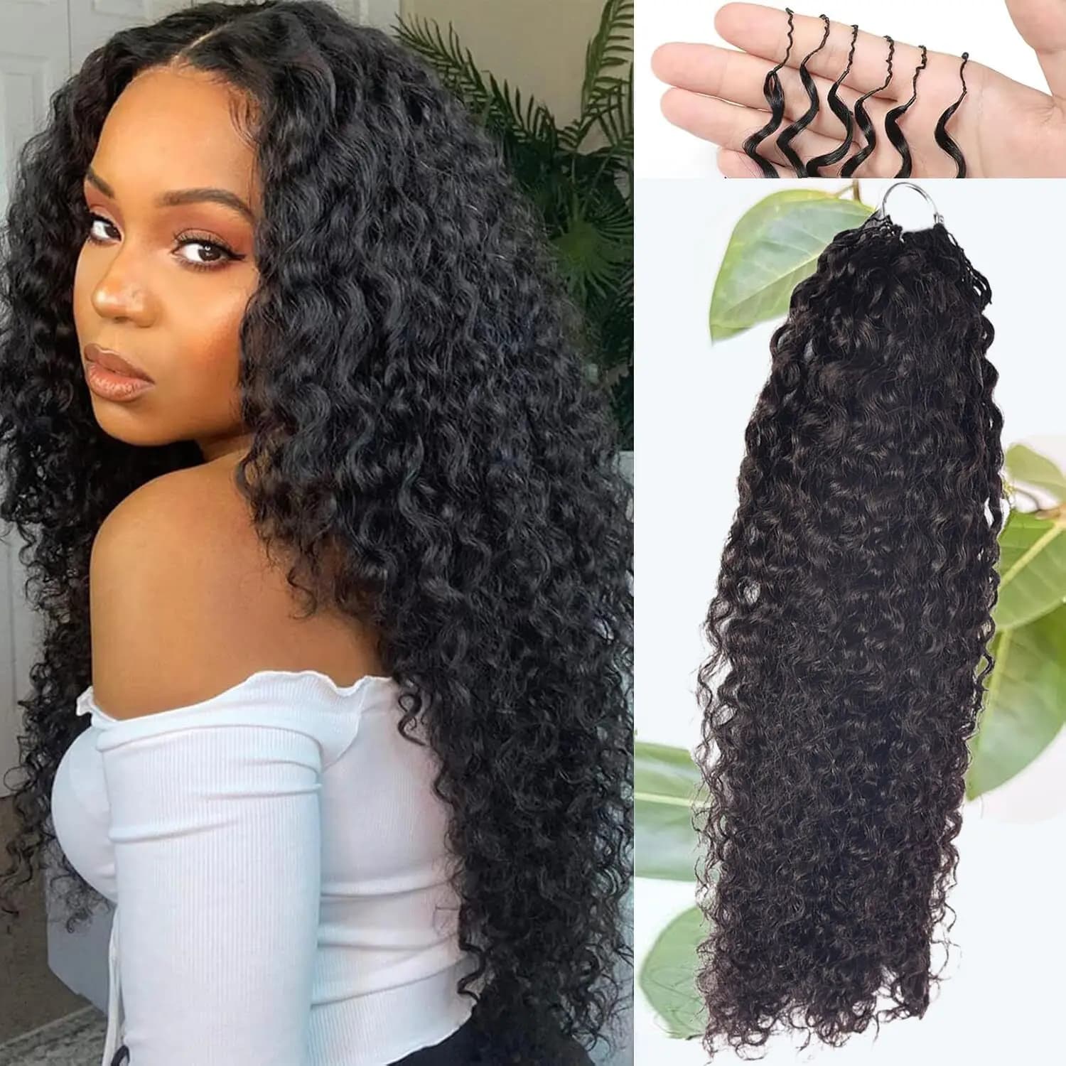 Burmes Curly Wave Human Hair Extensions Bundles 16 18 Inch 60g Knotless Feather Crochet Invisible Pre-Looped Micro-Link