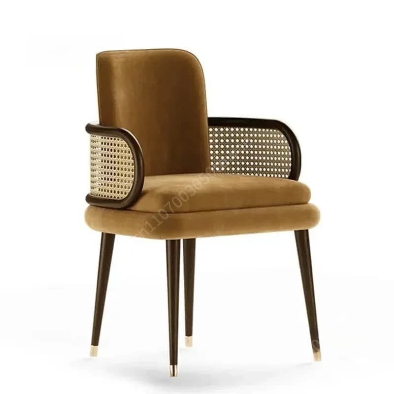 Sedia da Pranzo Imbottita in Velluto Marrone con Gambe in Legno Massello, Elegante Poltrona in Rattan Stile Mid-Century per Soggiorno