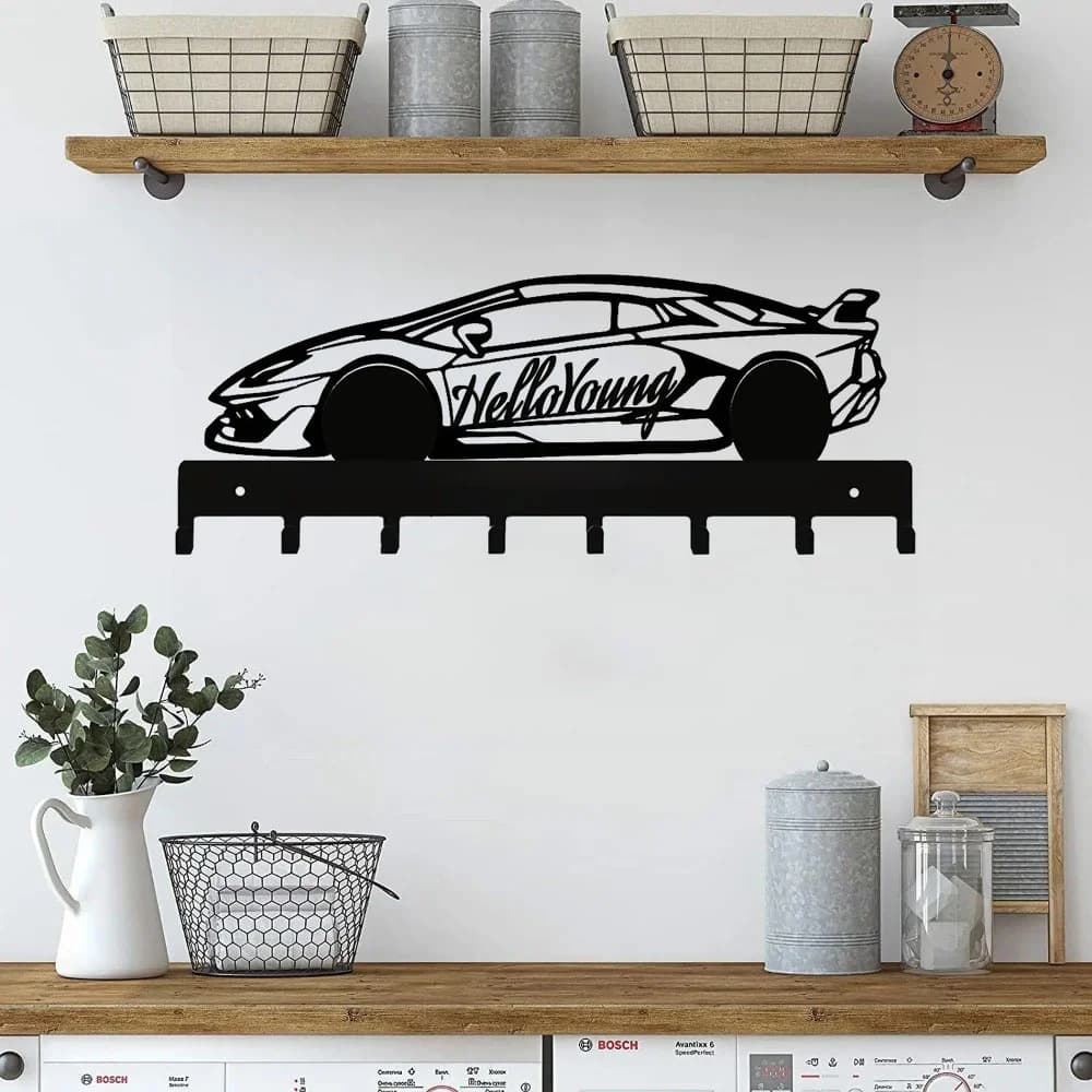 1 portachiavi in metallo a forma di auto da corsa, gancio da parete, decorazione artistica per la casa