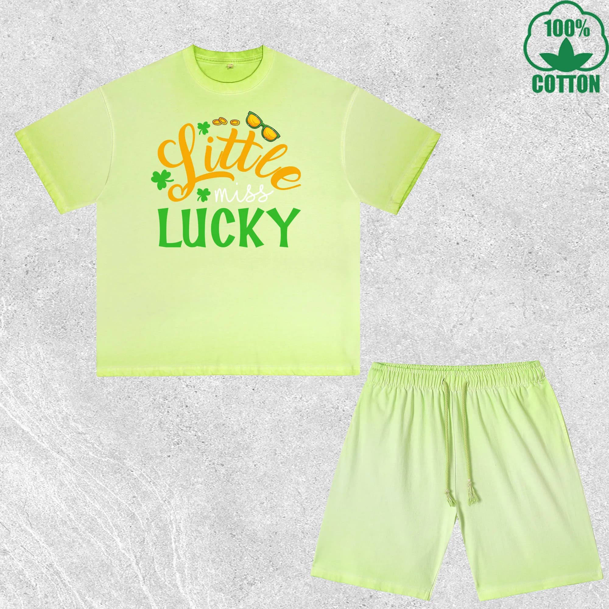 Set T-shirts and shorts Little Miss Saint Patrick printed Slave effect, multicolor, wide fit, fashionable, 100% cotton