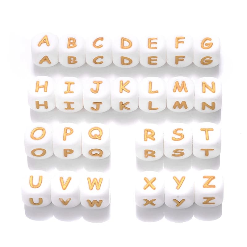 50 pz 12mm bianco + oro lettere in Silicone perline nome del bambino dentizione massaggiagengive alfabeto inglese perline per masticare regali doccia infermieristica