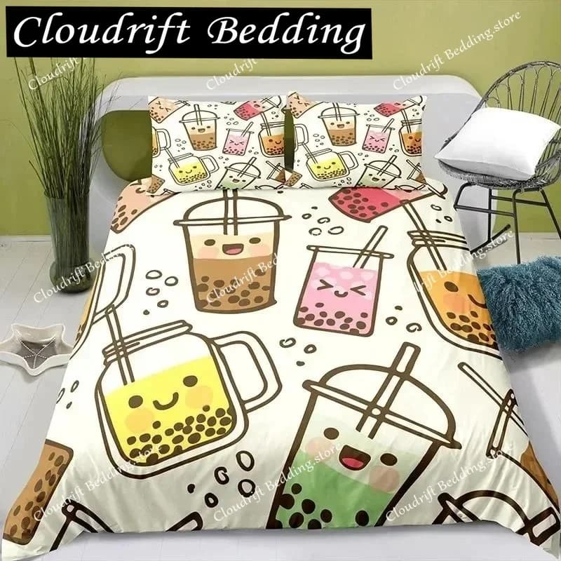 Lovely Cartoon Food Duvet Cover Pearl Milk Tea Bedding Set Kids Teens Adults Dessert Fries Cola Polyester King Queen Quilt Cover