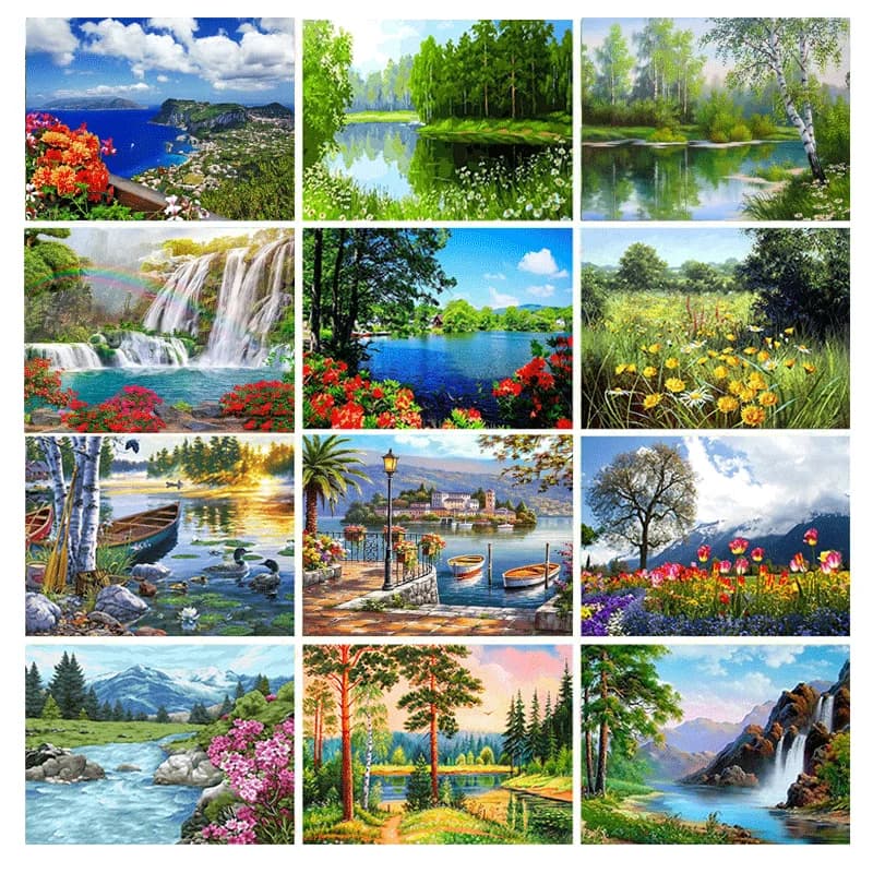 Gatyztory Cornice Verde Albero Lago Pittura fai da te con i numeri Paesaggio Tela Disegno Vernice acrilica Dipinta a mano Regalo Decorazioni per la casa Arte