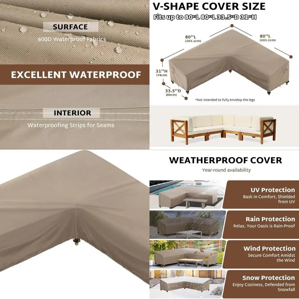 L-shaped patio cover, waterproof and weatherproof, durable 600D, suitable for 75-80 L x 74-80 L, brown