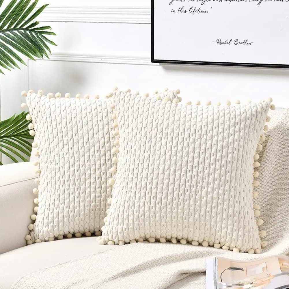 Fodere per cuscini in velluto a coste a strisce di peluche con Pom-Pom Federe per cuscini decorativi super morbide per divano letto Soggiorno Decorazioni per la casa