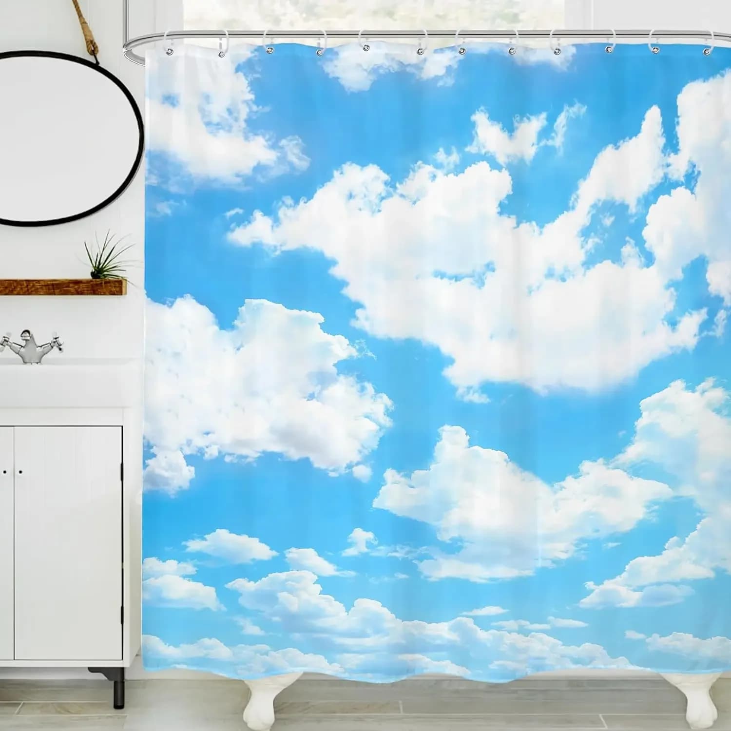 Tenda da doccia con nuvola di sfondo cielo blu, paesaggio naturale, tessuto impermeabile, decorazione per vasca da bagno in poliestere, confezione da 12 ganci