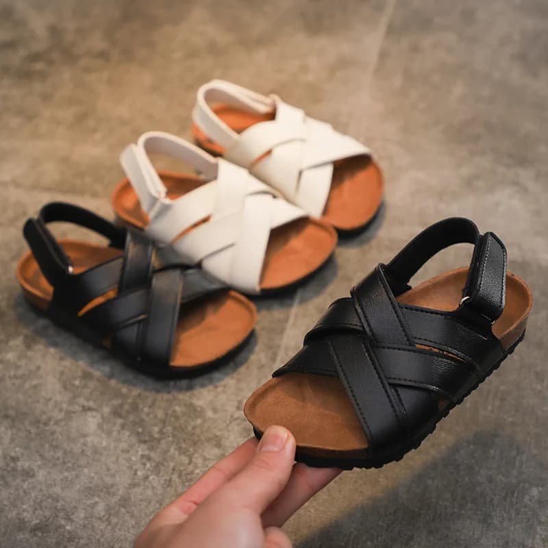 Sandali estivi per bambini in PU Open Toe per ragazzo ragazza sandali in sughero romano scarpe da spiaggia in morbida pelle antiscivolo all'aperto per la moda dei bambini