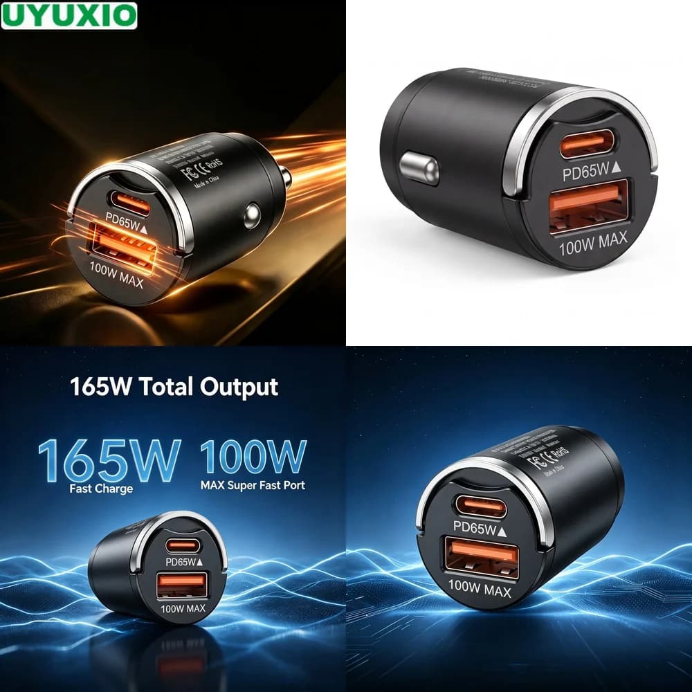 165W Flush Fit Car Charger with 65W USB C and 100W USB A Outputs for Road Trips and Daily Driving Durable Zinc Alloy Mini Body