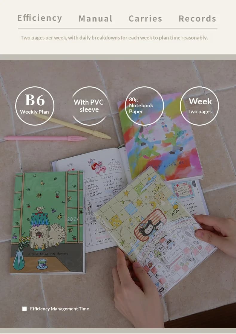 Kinbor 2027 Planner,Cute B6 Weekly Agenda Notebook With Calendar Stickers,80g Premium Paper,Illustrated Time Management Journals