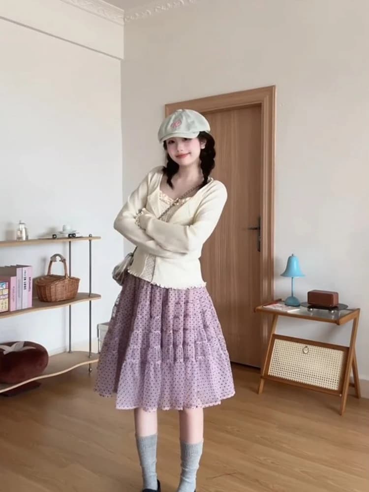 Romantic Sweet Purple Polka Dot Halter Neck Dress Women's High Waist A-Line Skirt Clean Fit Style Spring New Arrival