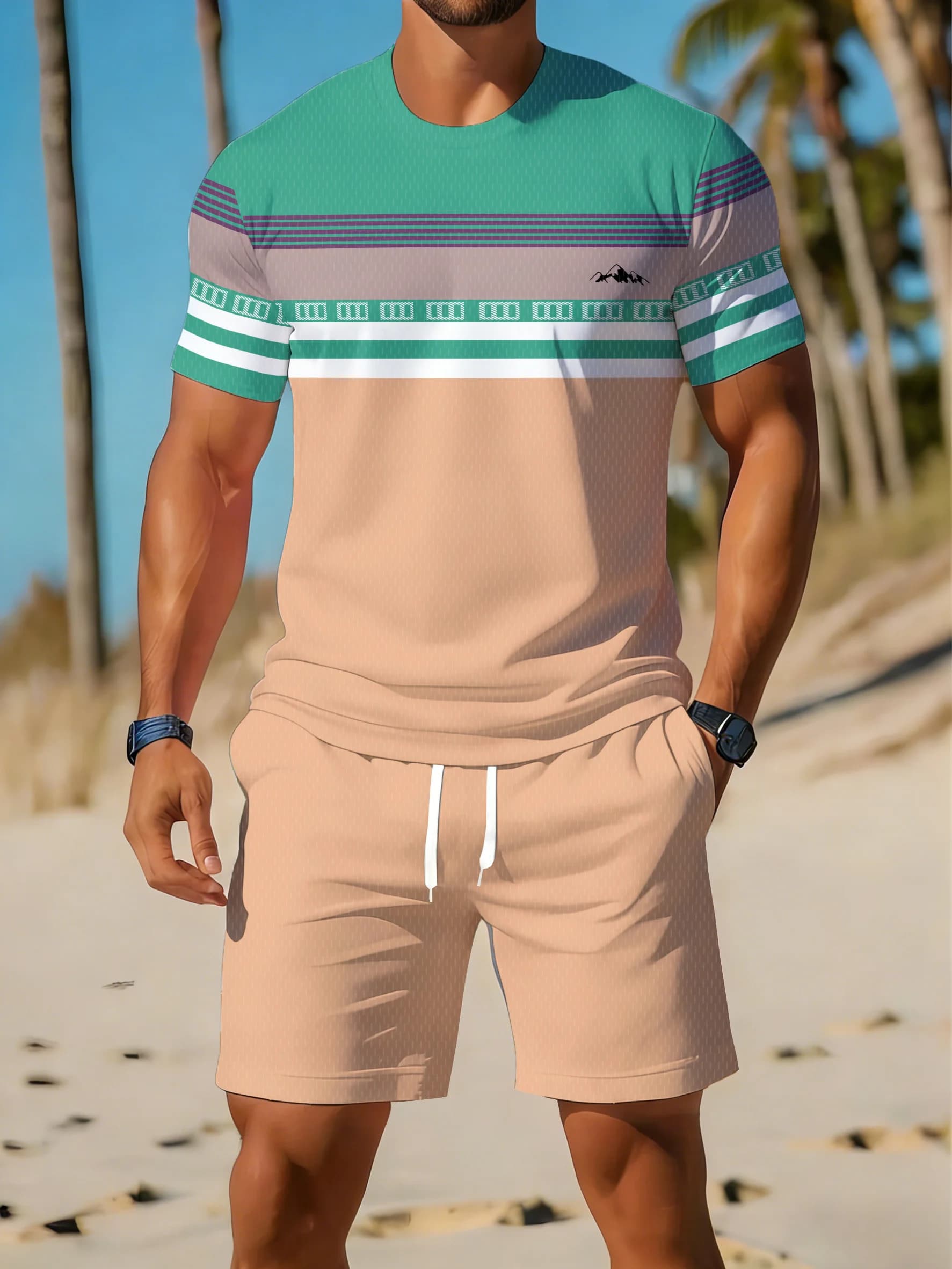 2026 Summer New Men's Short-Sleeved Shorts Set - Street Casual Fashion Comfortable Soft Breathable 3D Stripes Pattern Print