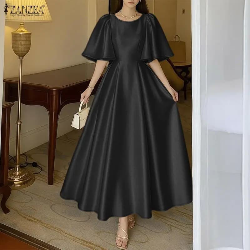 Women Stylish Party Dress 2026 ZANZEA Elegant Summer Satin Maxi Dresses Short Petal Sleeve Sundress Solid Robe A Line Vestidos