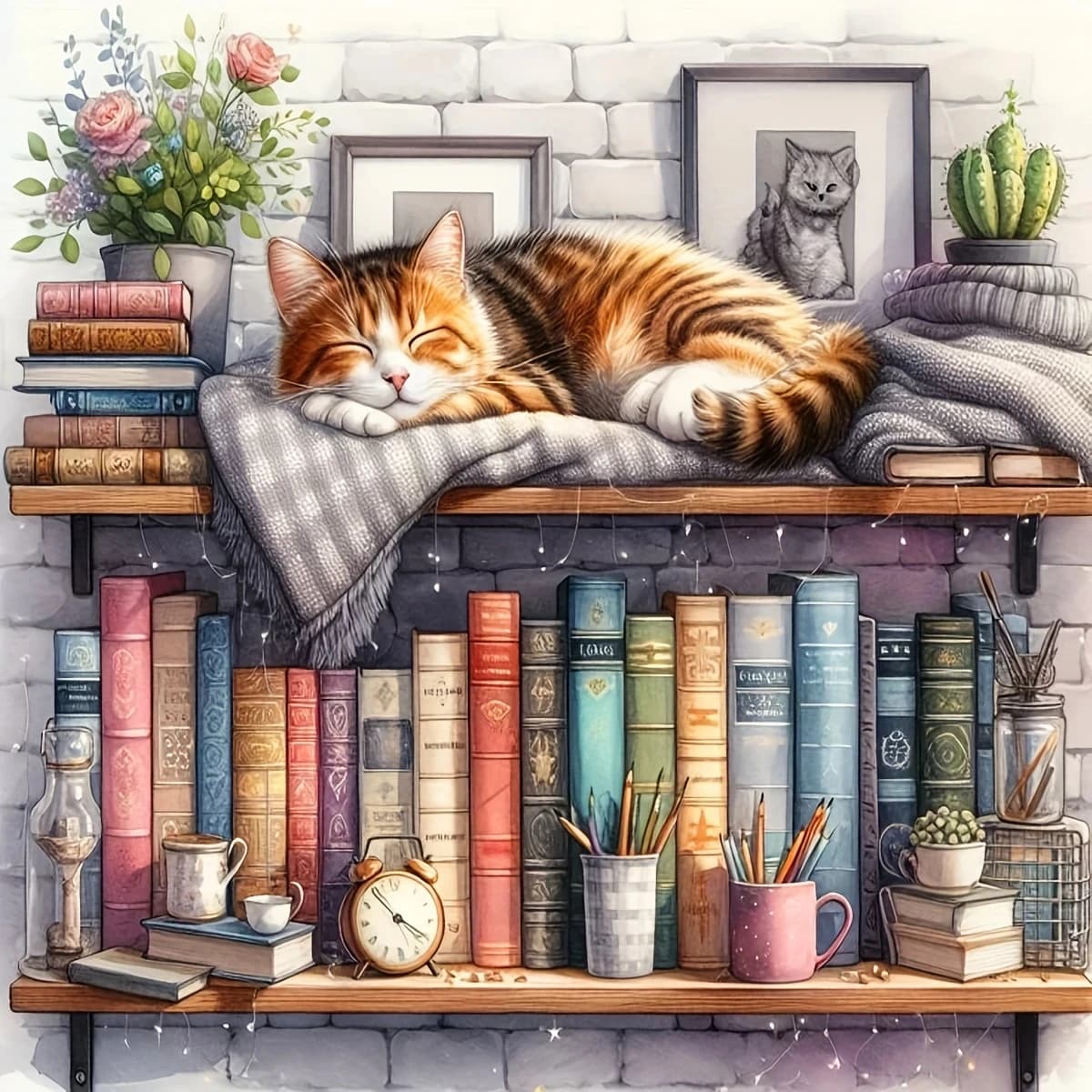 DIY Cozy Book Shelf Cat Diamond Painting, Sleepy Tabby Kitten Study Room Art For Living Room Wall Decoration Handmade Gift