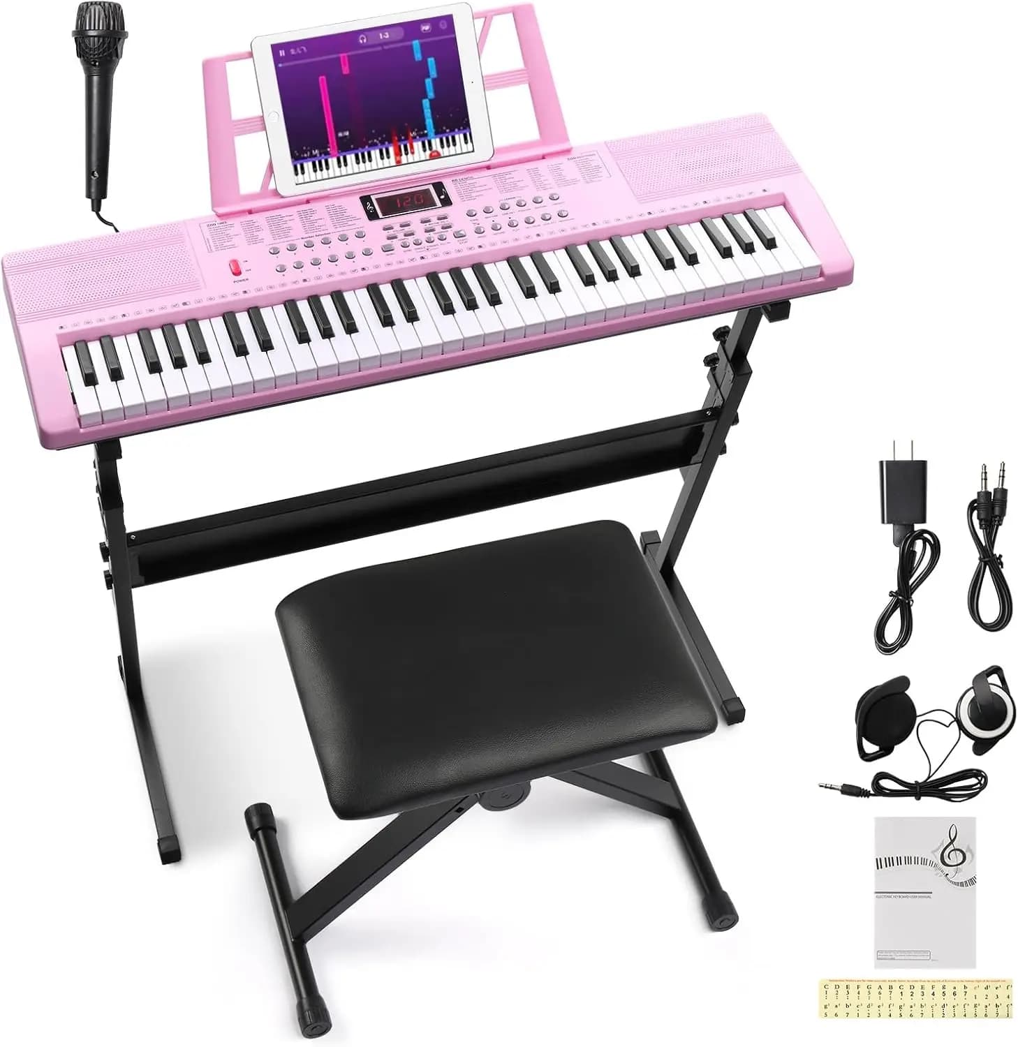 Set Pianoforte Elettrico a 61 Tasti con Cuffie, Microfono, Supporto e Panca - Supporto a H a Grandezza Naturale in Rosa Nude