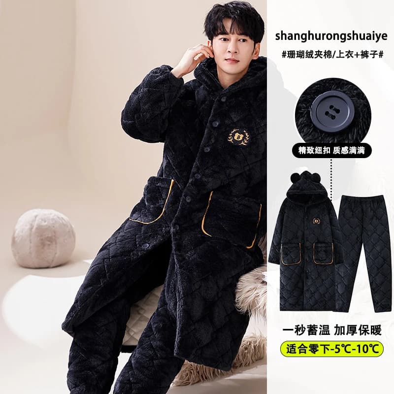 High Quality Winter Men's Bathrobe + Pants Cotton Bathrobe with 3 Layers Clip Men's Watch with Hood Thick Pijama Hombre