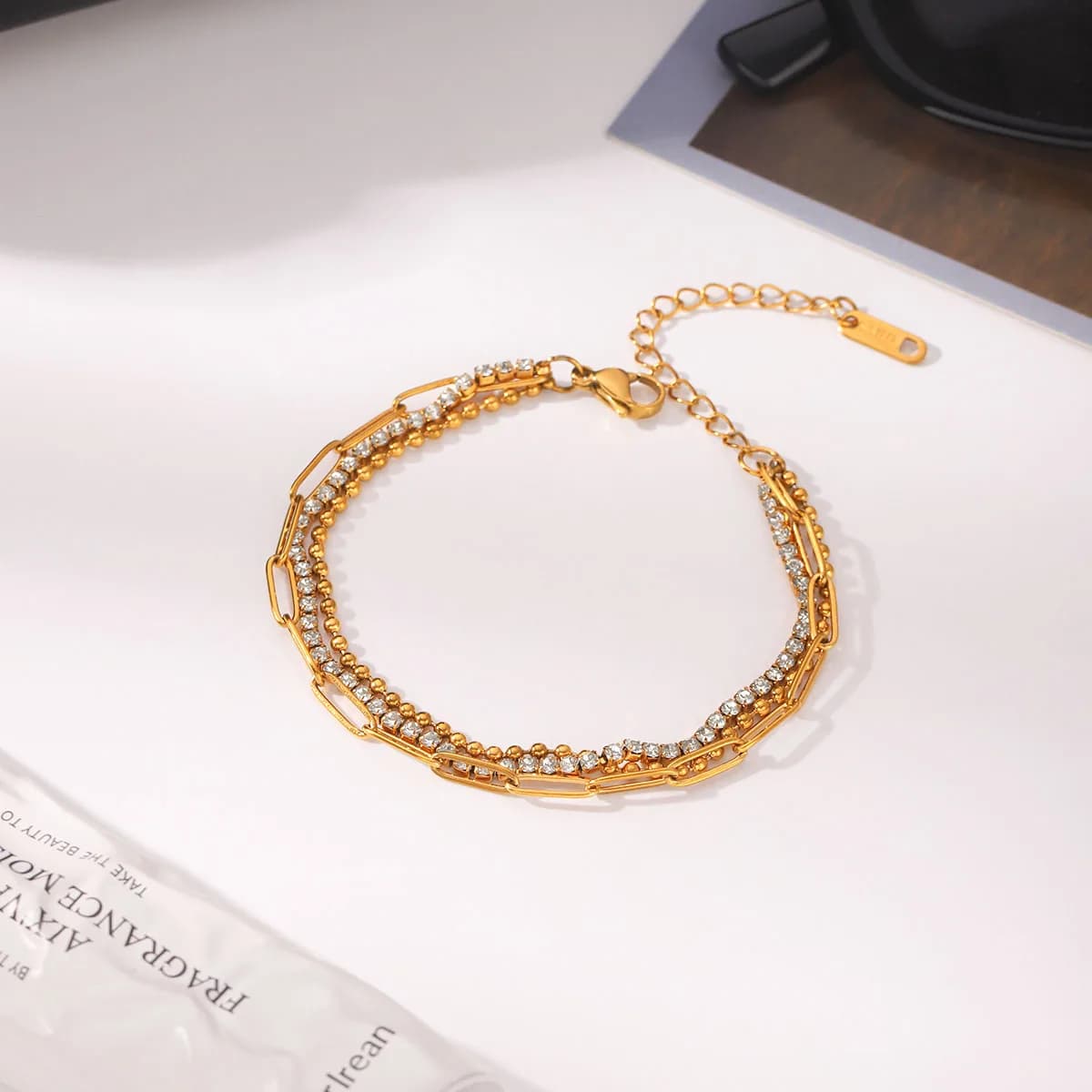 Set di bracciali tennis a tre catene con zirconi cubici Y2K, placcati oro 18 carati, in acciaio inossidabile, per donna, gioielli di lusso, regalo per matrimoni e feste.