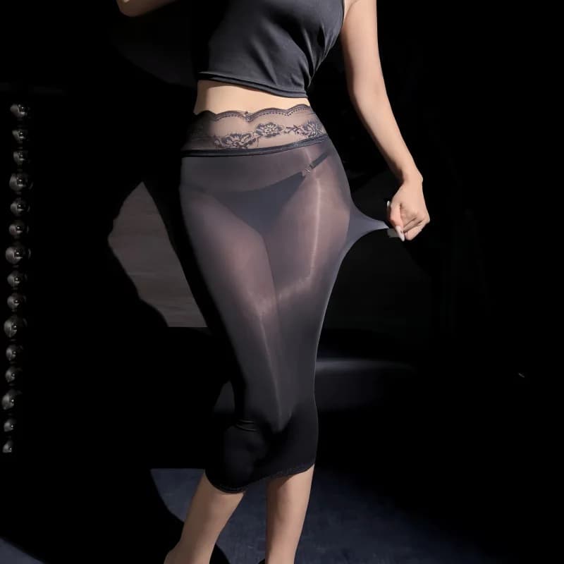 Glossy Transparent Hip Wrapping Night Dress 5D Light Thin Lace Waistband Tight Sheen Slim Home Wear Fashion Women Sleep Outfit
