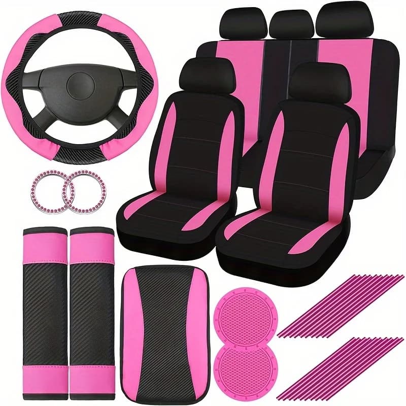Set di coprisedili per auto rosa deluxe: coprivolante, portabicchieri, cuscino per bracciolo, copricintura di sicurezza, per la maggior parte delle auto, SUV e camion - La scelta perfetta per le donne alla moda