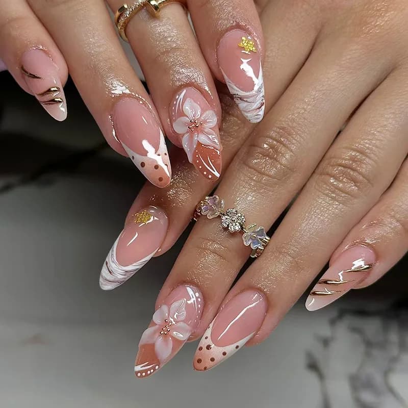 Almond Press On Nails Nude Polka Dot French Fake Nails 3D Ice Flower Starfish Gold Line Detachable Ins Elegant Manicure