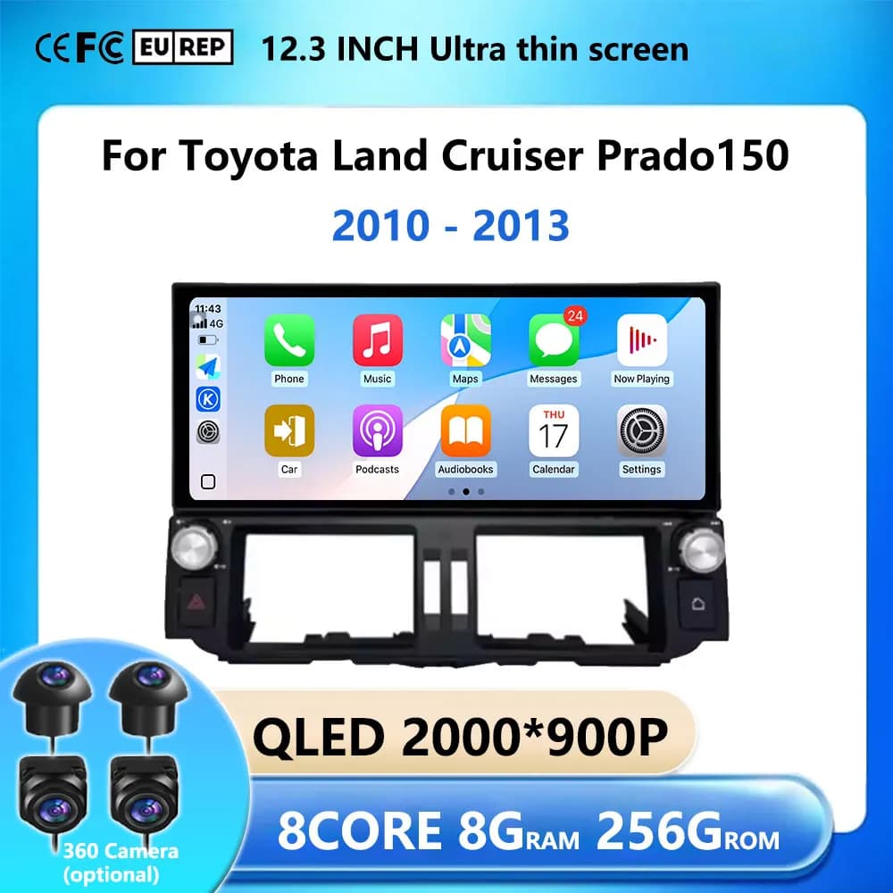 Schermo ultrasottile da 12.3 pollici DSP Android 15 per Toyota Land Cruiser Prado 150 2010 - 2013 GPS Radio Lettore multimediale 4G Navi Car