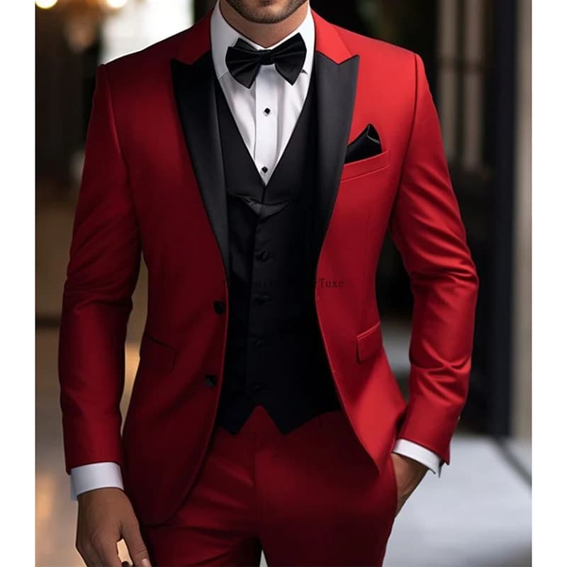 Homme costume red jacket pants with black vest 3 pieces single-breasted pointed peak length regular wedding dresses Slim Fit Slim