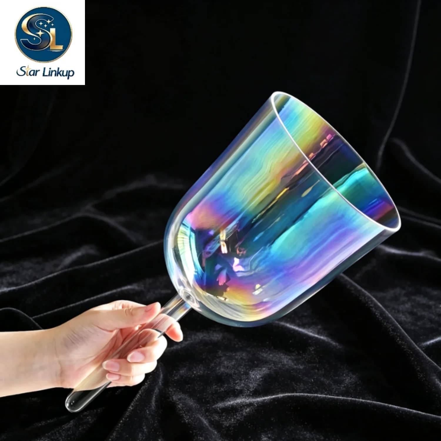 6.5 Inch Cosmic Light Clear Quartz Crystal Singing Bowl with Handle for Stress Relief Sound Healing and Meditation