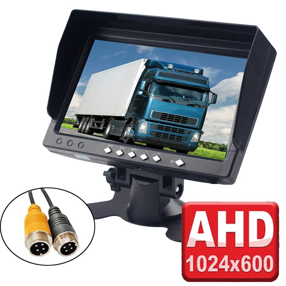 7 Inch 1024x600 IPS Monitor with 2 Channel 4 Pin Aeronautical Video Input for AHD/CVBS Reverse Camera for Car, Truck, Bus