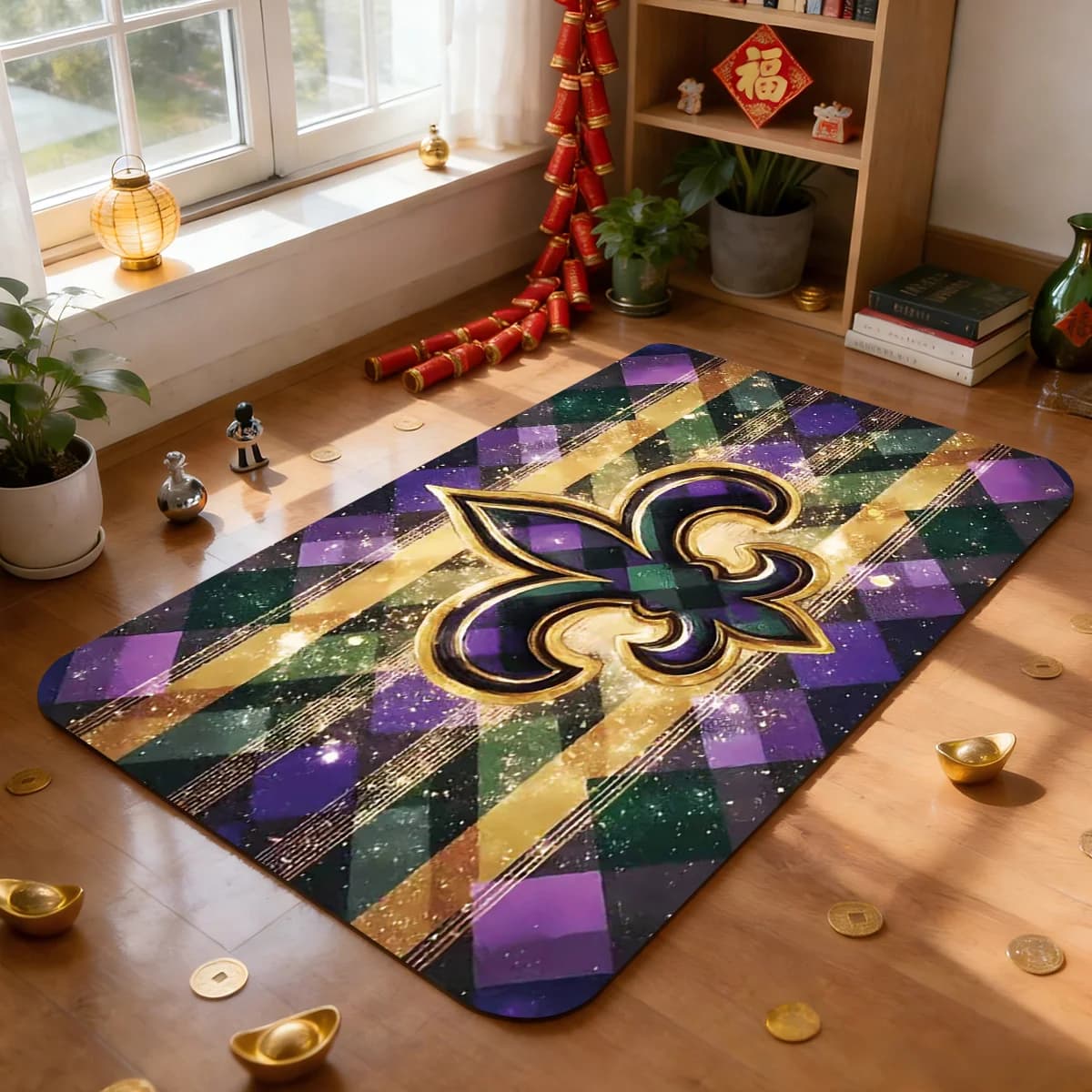 Tappeto d'ingresso Golden Fleur de Lis – Elegante motivo Argyle in viola e oro per ingresso, soggiorno e camera da letto